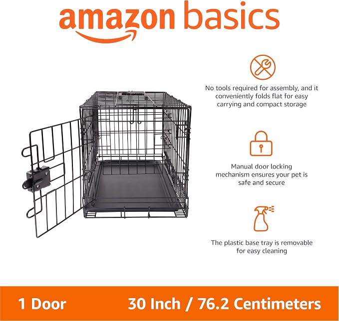 Amazon Basics Portable, Foldable Metal Wire Dog Crate with Removable Tray, Single Door, Divider Panel, Quick Setup, 30 x 19 x 21 in, Black