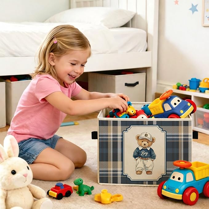 Boyhood Bear Storage Bin, Blue Plaid Foldable Fabric Basket | Foldable blue plaid fabric organizer with Long Live Boyhood bear design for nursery, bedroom, playroom, toys, books, clothes