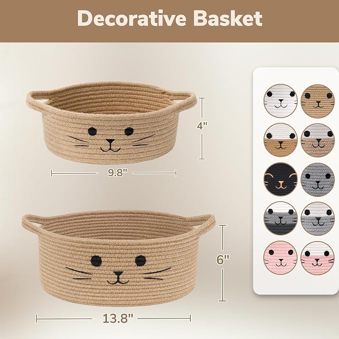 Medium Woven Rope Cat Toy Basket with Cat Face, White Jute | 13.8" x 6" Cat Toy Storage Bin for Living Room & Nursery, Pet Gift Basket Empty with Sturdy Handles, Cozy Cats Bed