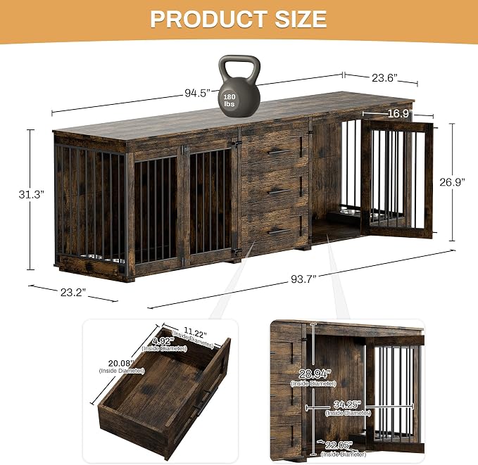 OUYESSIR 94.5" Double Dog Crate Furniture for Medium Large Dogs, Brown | Extra large dog kennel fits 2 Medium or large dogs, 3 Storage Drawers, 4 removable Stainless steel dog bowls, Solid Wood