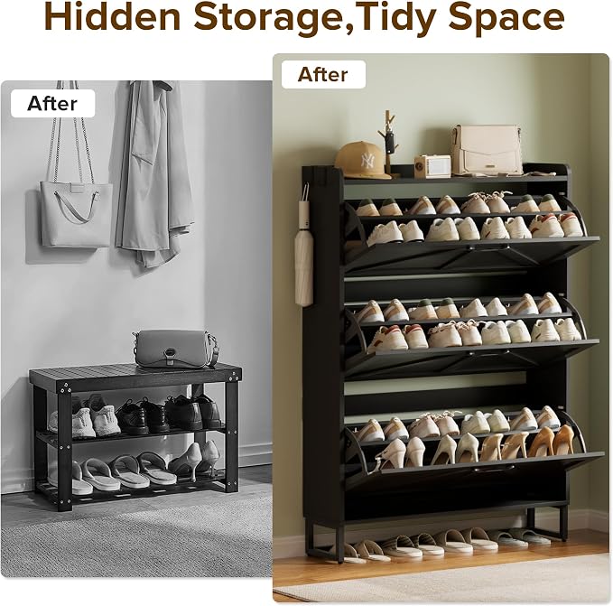Urban Deco Entryway Shoe Storage Cabinet with 3 Flip Drawers, Elegant Stable Freestanding Shoe Organizer, Anti-Tipping Design (Black)