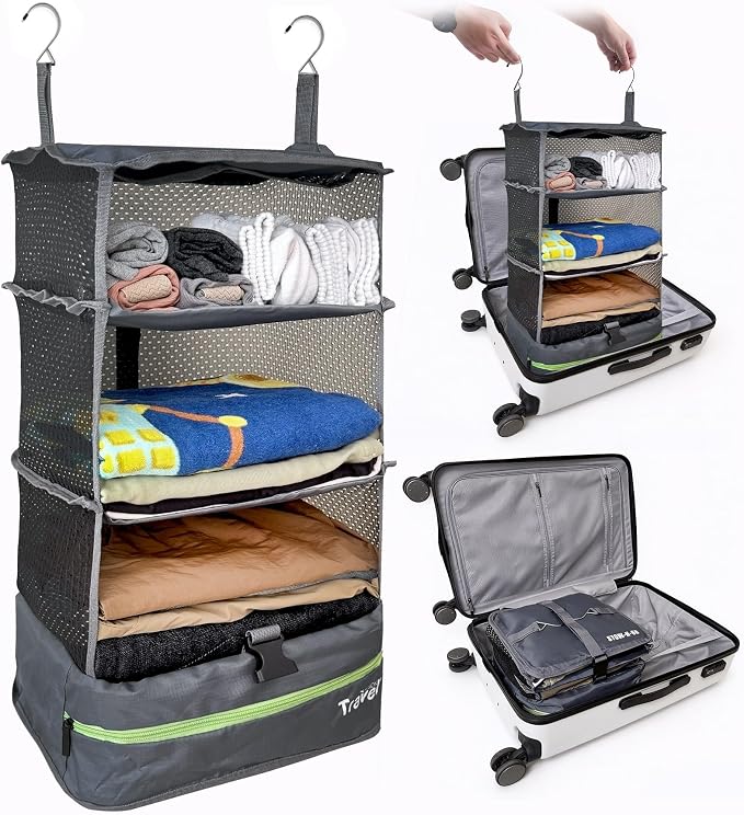 Stow-N-Go Hanging Travel Shelves, Packing Organizer for Luggage. Carry on Closet for Suitcase. Expandable Packing Cube. Travel Essentials. (Dark Gray - L, L = (L) 11.8" x (W) 11.8")