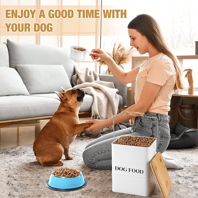 Tioncy 2 Pcs Metal Dog Food Storage Containers Total 10-14 Lbs (50 Cup) Capacity, Airtight Pet Food Canister with Bamboo Lids Scoop DIY Labels Dog Treat Storage Jars for Kitchen Counter(White)