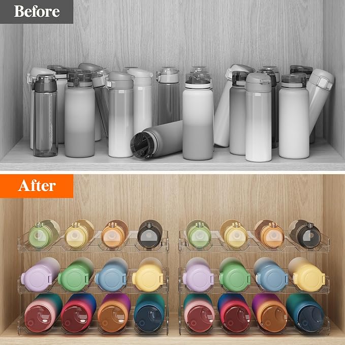 Lifewit Stackable Water Bottle Organizer for Cabinet, Clear Tumbler Holder | Large Slot for Up to 32 oz Cups, Plastic Wine Rack for Fridge, Pantry, Kitchen Organization & Storage, 3-Tier Holds 12 Bottle
