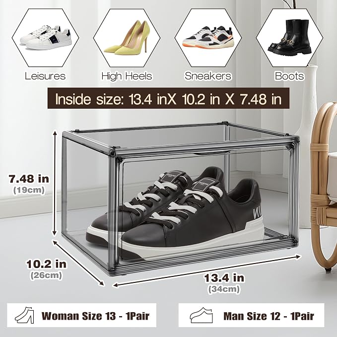 12 Pack Black Acrylic Shoe Boxes, Space-Saving Everyday Sneaker Storage | Size 12, SPACE-SAVING STACKABLE DESIGN – Build upward to organize shoes while using less closet, shelf or floor space.