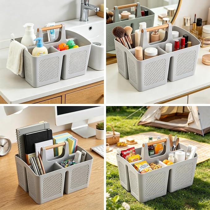 Haundry Plastic Light Gray Shower Caddy Basket with 3 Compartments, Portable Divided Bathroom Cleaning Caddy Organizer Storage Tote with Handle for Dorm, College, Room Essentials