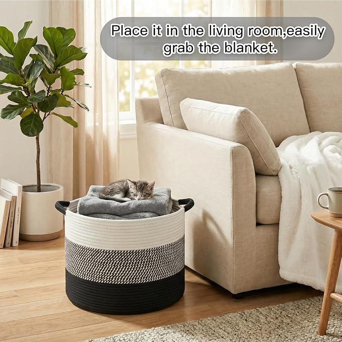 Artfeel 70L Large Cotton Rope Basket, Decorative Woven Blanket Storage for Living Room, Boho Toy Storage & Toy Box for Kids, Versatile Laundry Basket & Nursery Hamper for Blankets(Black)