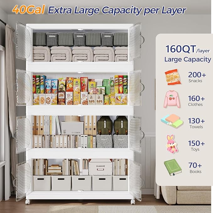 240GAL Plastic Storage Bins with Lid, 960QT Extra Large Stackable Closet Organizers and Storage, Collapsible Storage Boxes with Wheels, Folding Cabinet for Home Kitchen Office, 6Pack White