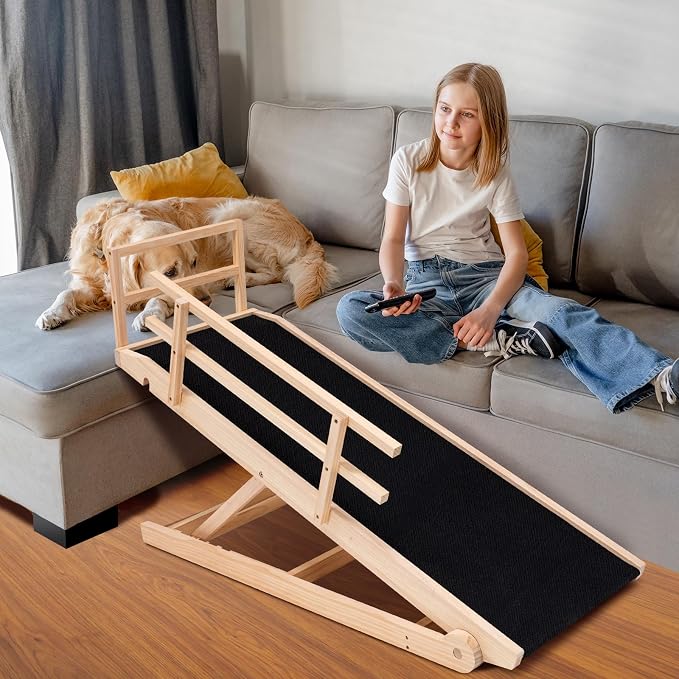 Dog Ramp for Bed & Couch, Foldable Wooden Pet Ramp, 5 Adjustable Heights | Height up to 31", Portable Dog Ramp with Non-Slip Rubber Surface & Safety Railings, Pet Ramp for Small, Large, Senior Dogs