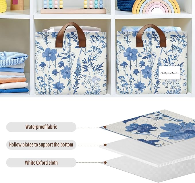 Blue Botanical Floral Wildflower Storage Bins for Shelves with Labels&Handles Fabric Organizer Bin Foldable Rectangle Storage Basket Boxes for Closet, Bathroom, Home, Living Room