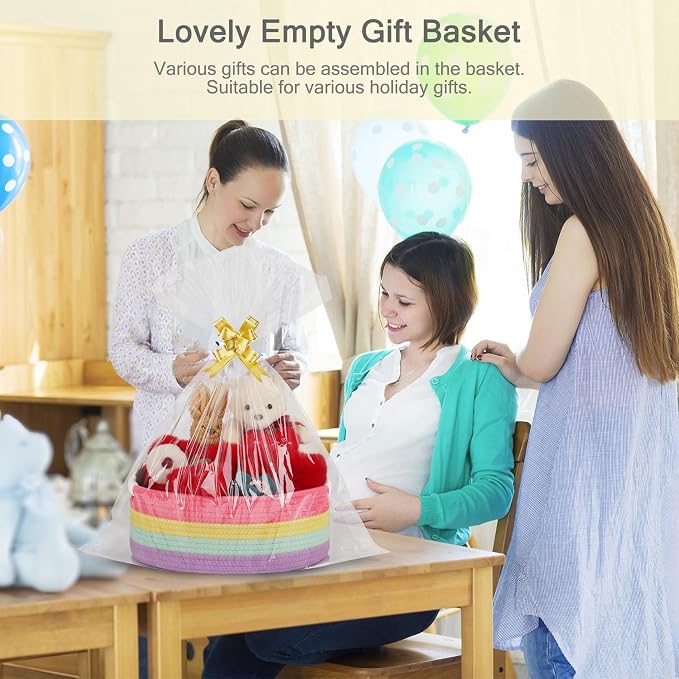 Small Woven Gift Basket with Bag & Ribbons, Rainbow | Cotton Rope, 13”x 9”x 5.5”, Fits for Kids, Women & Men, Bedroom, Living Room, Nursery & Bathroom Storage, Cat & Dog Toy Boxes
