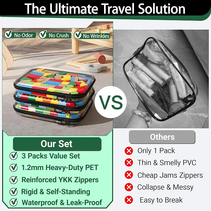 YQBRAO Clear Hard Shell Zipper Cases, 3 Large Travel Organizers, Black | Rigid 1.2 mm PET and YKK dual zippers for full-size toiletries, makeup palettes, electronics and craft supplies