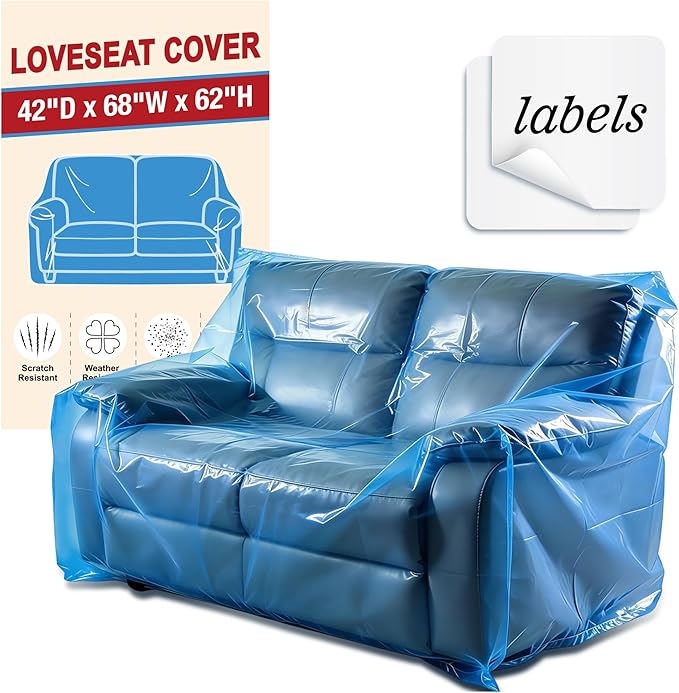 Extra Large Couch Loveseat Moving Cover for Storage Transportation | Sofa Couch Clear Plastic Moving Cover with Labels, Waterproof and Dust Proof, Bag Open Size 68x 62 x 42 Inch, Blue