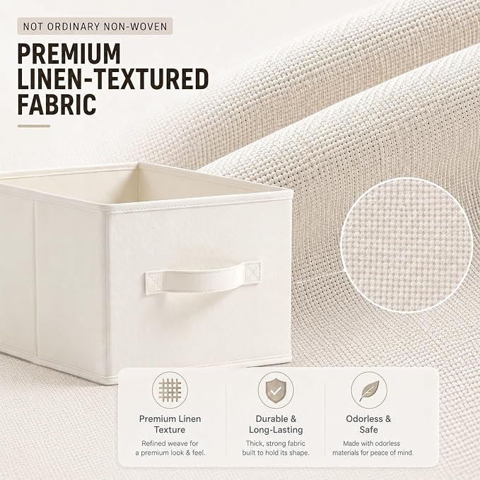 LayerSpace 3 Pack Fabric Storage Bins for Shelves | 11.5x8.75x6.5in Storage Baskets | Fabric Closet Organizers and Storage Bins with Handles Home Organization| Linen Clothes Bins | White & Ivory | Thickened Rigid PP Panels, Cotton-linen Shelf Baskets, ...