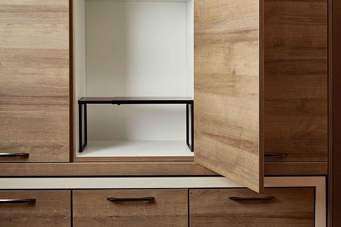 Nxconsu Expandable Cabinet Shelf, Shelf Riser for Cabinets, 8.26" Black | Edgeless Metal Cabinet Riser Holds 50 lb and Expands 14.6 to 24.6 in for Under Sink Kitchen Pantry Cupboard Shelf