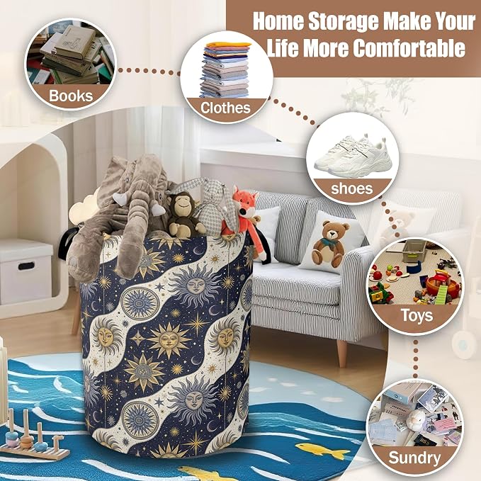 Celestial Golden Sun Moon Laundry Basket,Laundry Hamper Waterproof Oxford Cloth Tote Bag,Clothes Storage Bucket Decorative Toy Organizer for Bathroom Bedroom 16" x 20.8"
