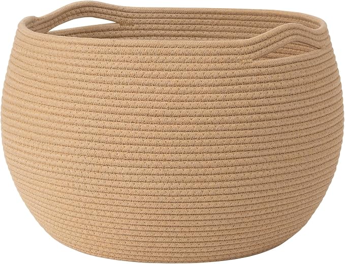Goodpick Large Toy Storage Basket for Kids, Round, 15.7" x 10.5", Camel | Woven Rope Basket with Handles, Holds Blankets, Toys & Baby Shower, Decorative Basket for Living Room & Bedroom Décor