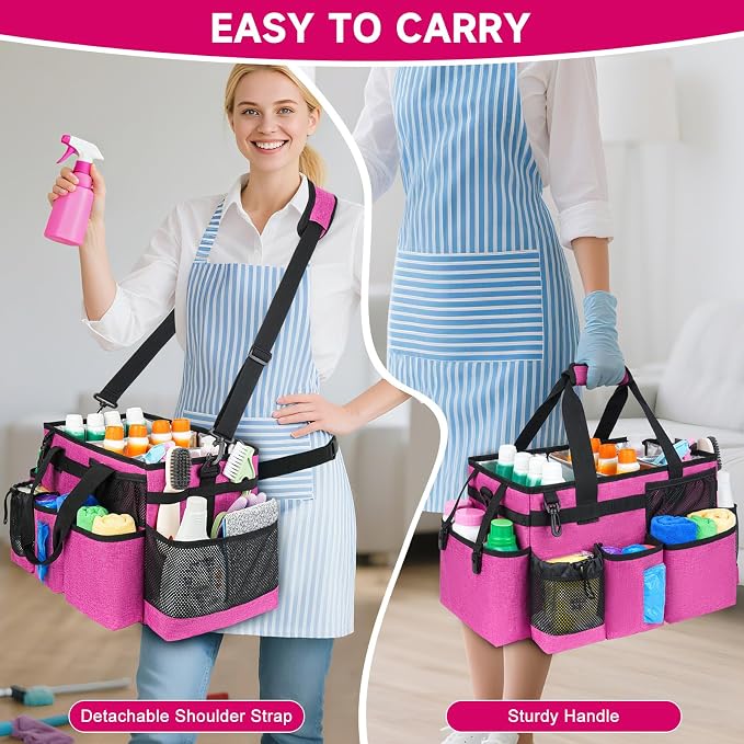 Cleaning Caddy Bag, Large Cleaning Bag for Housekeepers, Rose Pink | Cleaning Caddy Organizer for Cleaning Supplies with Handle and Adjustable Shouder Strap, Easy to Clean & Heavy Duty Design