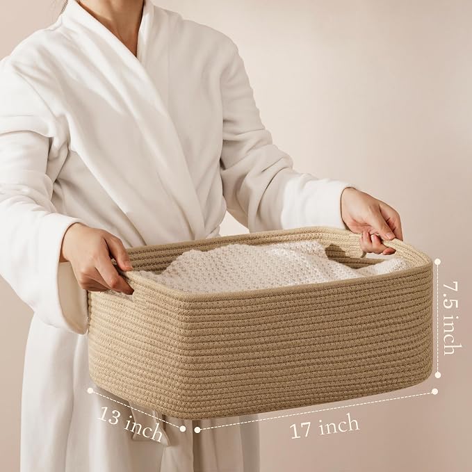 2 Pack Storage Baskets for Organizing, Large Woven Storage Basket, Brown | 17"Lx13"Wx7.5"H, Cotton Rope Basket, Toy Storage, Cube Shelf, Closet Shelf Organizer, Clothes Storage, Home Decor