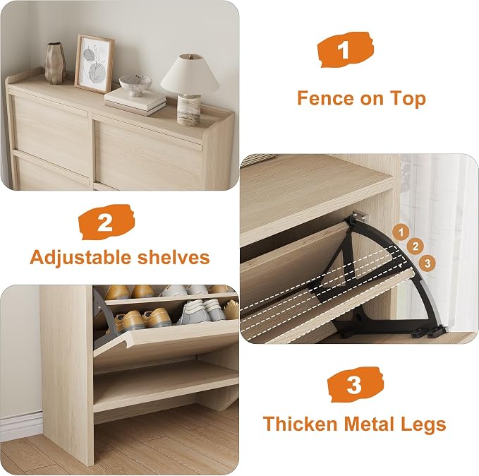 GarveeHome Shoe Cabinet with 4 Flip Drawers, Wooden Shoe Organizer Cabinet with Adjustable Shelf, Shoe Storage for Entryway, Hidden Shoe Cabinet for Hallway, Living Room, Natural Oak