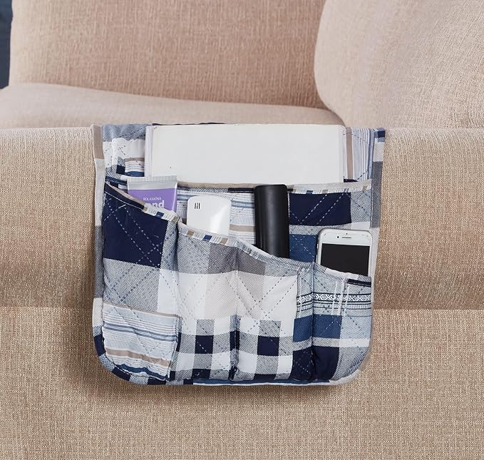 Brilliant Sunshine Blue Plaids & Stripes Couch Armrest Cover, 35"×13" | Washable Magazine Holder, Armrest Organizer & Caddy on Sofa, Recliner, Armchair, Storage for Remote Controls, Phone, iPad