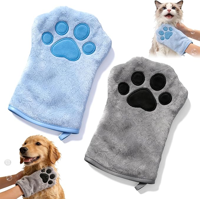 Paw Bathing Towel for Cats Puppy, Reusable Absorbent Quick-Dry Pet Grooming Towel, Soft Bath Mitt for Dirt Odor Removal, Daily Care and Travel, for Dogs & Cats (Blue+Grey)