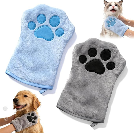 Paw Bathing Towel for Cats Puppy, Reusable Absorbent Quick-Dry Pet Grooming Towel, Soft Bath Mitt for Dirt Odor Removal, Daily Care and Travel, for Dogs & Cats (Blue+Grey)