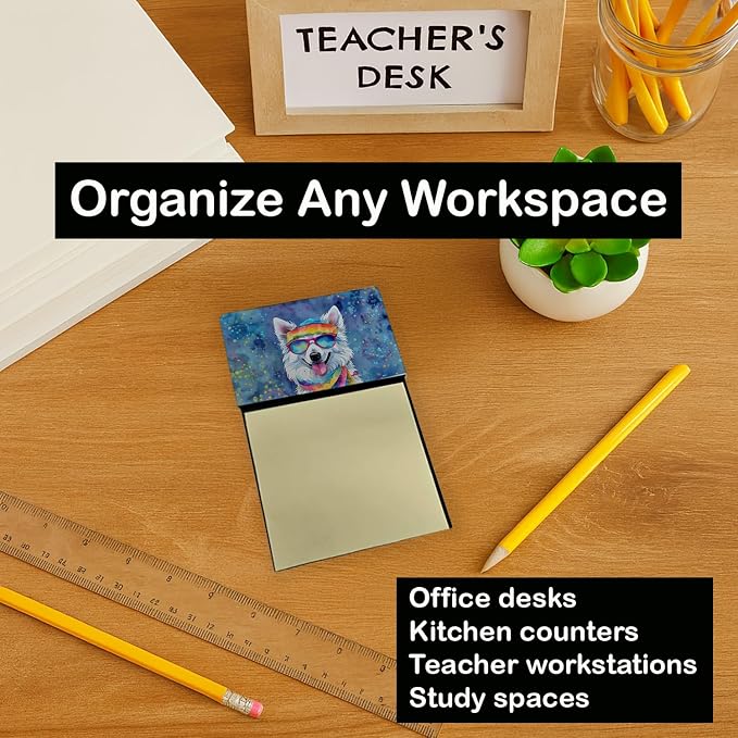 Caroline's Treasures American Eskimo Hippie Dawg Sticky Note Holder Refillable Dispenser Self-Sticky Note Pads, Memo Pads Blank Desk Accessories