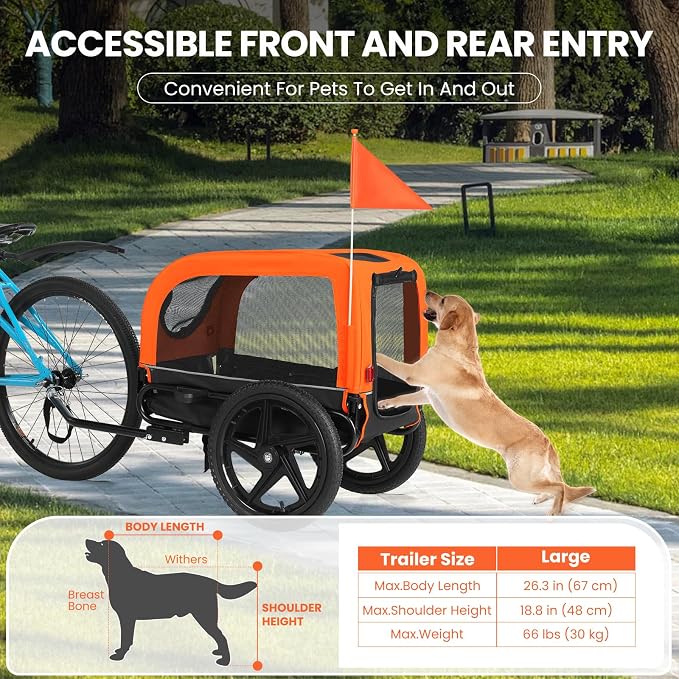 Dog Bike Trailer, Dog Cart for Bicycle, Suitable for Small and Medium Pets, Easy Folding Cart Frame, Quick Release Wheel, Non-Slip Floor, Internal Leash, 66LBS Orange