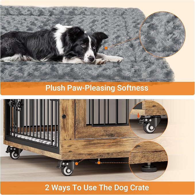 44'' Decorative Large Dog Crates Furniture w/Cushion & Wheels Wood Kennel | Rustic Brown, Double Doors, Wooden Dog Cage, Chew-Resistant, End Table, Decorative, 27"/32"/38"/44" Options, Indoor