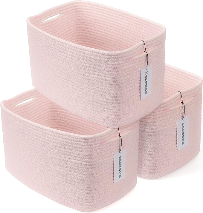 XUANGUO Woven Cotton Rope Storage Baskets 15x10x9.3" 3 Pack Light Pink | Decorative rectangular storage baskets for shelves and closets; storage bins organize clothes, toys, books and nursery items.