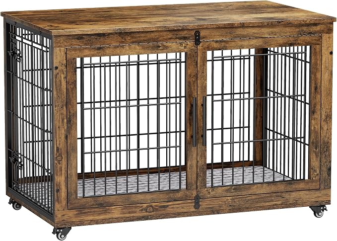 44'' Decorative Large Dog Crates Furniture w/Cushion & Wheels Wood Kennel | Rustic Brown, Double Doors, Wooden Dog Cage, Chew-Resistant, End Table, Decorative, 27"/32"/38"/44" Options, Indoor