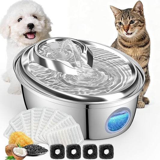 ORSDA Stainless Steel Cat Water Fountain, 100oz/3L Automatic Pet Drinking Fountain, Dog Water Dispenser Bowl with LED Window for Cats and Small & Medium Dogs- 12Pcs Filters（ D66
