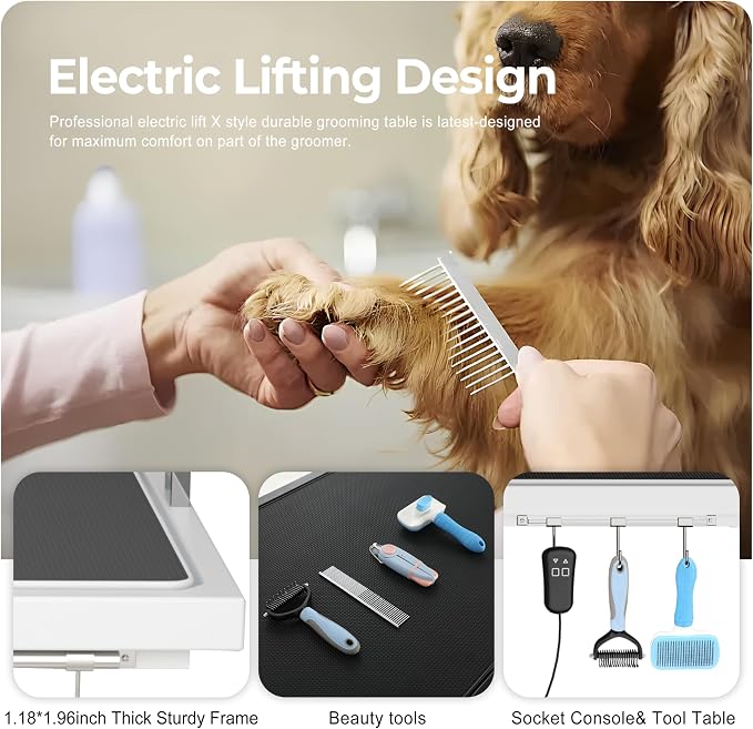 50 Inch Update Electric Dog Grooming Table with Tool Organizer, Heavy Duty Height Adjustable Collapsible Extra Large Pet Grooming Table with Overhead Arms, Two Nooses & Anti Slip Tabletop, White