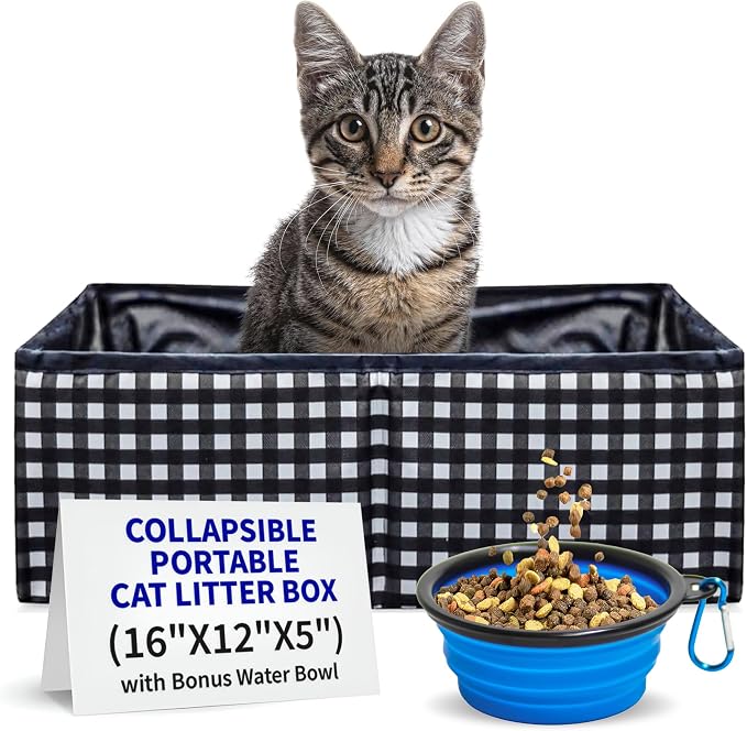 Pet Fit For Life Vibrant Collapsible Travel Cat Litter Box 16"x12"x5" Black | Portable, Foldable Pop-Up Litter Box with Bonus Water Bowl. Folds Flat for Compact Storage During Travel and Camping.