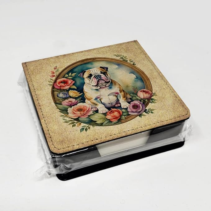 Caroline's Treasures English Bulldog and Flowers PU Leather Note Paper Holder with Artist-Designed Cover, Desk Accessory, Office Gift