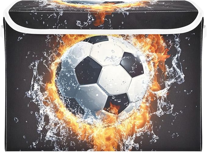 Soccer Fire Storage Bins with Lid Foldable Storage Boxes 40L Baskets | Decorative Storage Boxes, Dust-Proof Flip Top, Reinforced Handles, For Home & Bedroom, Clothes & Toy Box, Oxford Fabric Print