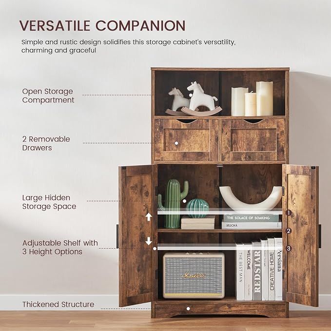 Iwell Storage Cabinet with 2 Drawers & Adjustable Shelves, Cupboard, Floor Cabinet for Living Room, Home Office, Rustic Brown