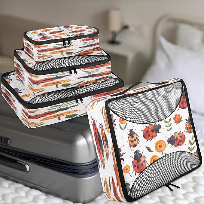 Packing Cubes for Travel, Floral Ladybugs Travel Luggage Packing Organizers for Women Men, Large Custom Toiletries Bag for Cosmetics Toiletries, Ladybugs Ladybird