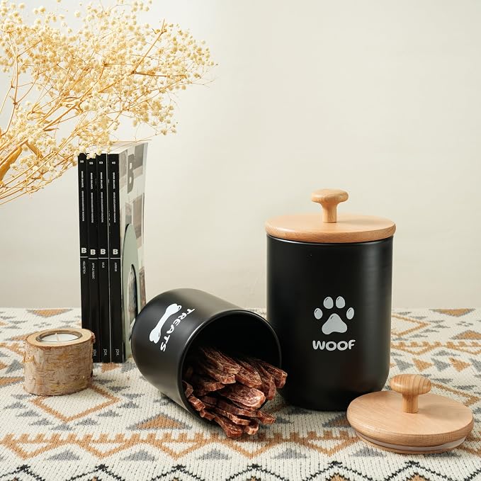 Dog Treat Container Set of 2, Dog treat jar with Airtight Lid, Small dog food container, Dog Cookie Jar for kitchen Counter, Treats Canister, Pet Treat Container 8.3x4.9 & 7.1x4.3 (Black)
