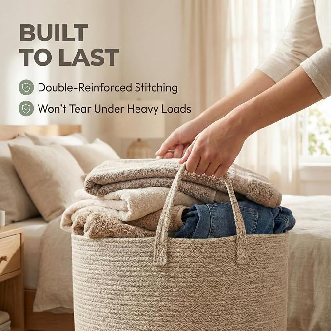 JMvicyroam 115L Extra Large Machine Washable Cotton Rope Blanket Basket | Collapsible Laundry Hamper, Reinforced Handles, For Blankets, Pillows, Toys and Clothes, Living Room and Bedroom, Oatmeal