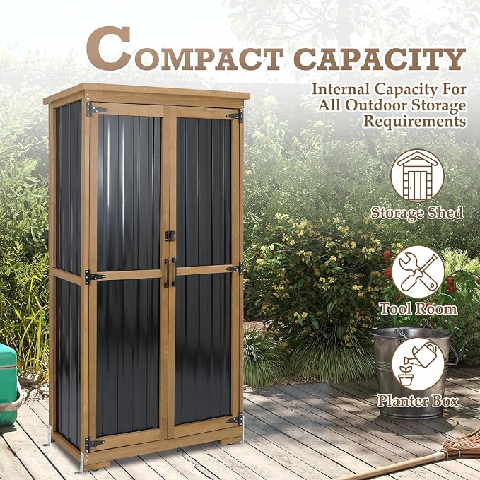 Outdoor Storage Cabinet with Shelves, Weatherproof Stylish Shed for Patio | Adjustable Shelf for Flexible Storage, Lockable Doors for Security, Raised Base, Wood & Metal, Fits Backyard, Garage & Garden