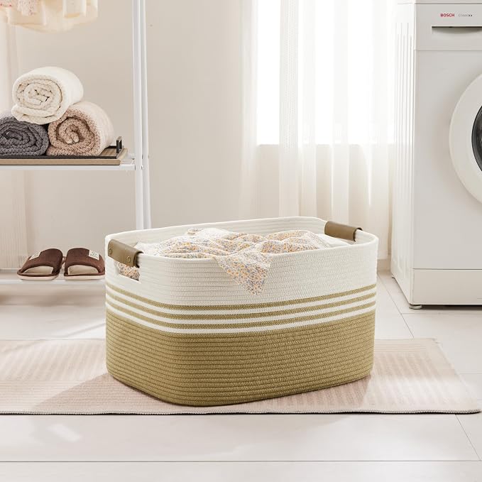 72L Large Woven Laundry Basket Hamper with Leather Handles,Khaki | collapsible wicker hamper, storage for dirty clothes, toys, blankets, gifts, living room, bedroom, bathroom, 22"x17"x12"
