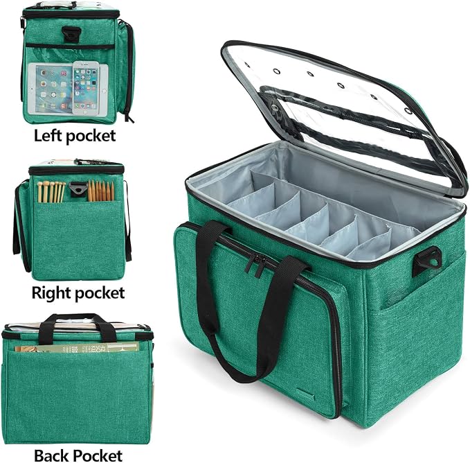 Teamoy Knitting Bag, Yarn Storage Organizer Crochet Bag Tote, Green | Yarn Holder with Inner Divider(Sewn to Bottom) for Crochet Hook, Knitting Needles(Up to 14"), Project and Crocheting Supplies