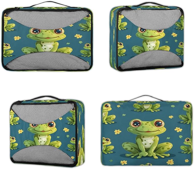 4 Set Packing Cubes for Travel, Frog Cute Animal Packing Cubes for Women, Travel Luggage Packing Organizers, Packing Cube Set, Cute Frogs Flower