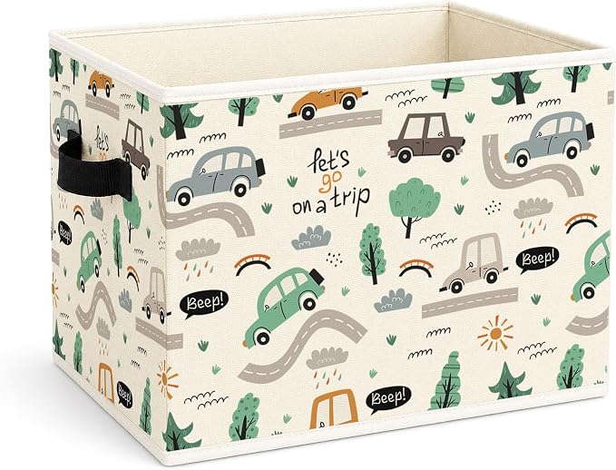 Road Trip Car Foldable Fabric Storage Bin | Let’s Go on a Trip road pattern design; foldable fabric storage bin for kids room, nursery, toys, books, clothes.