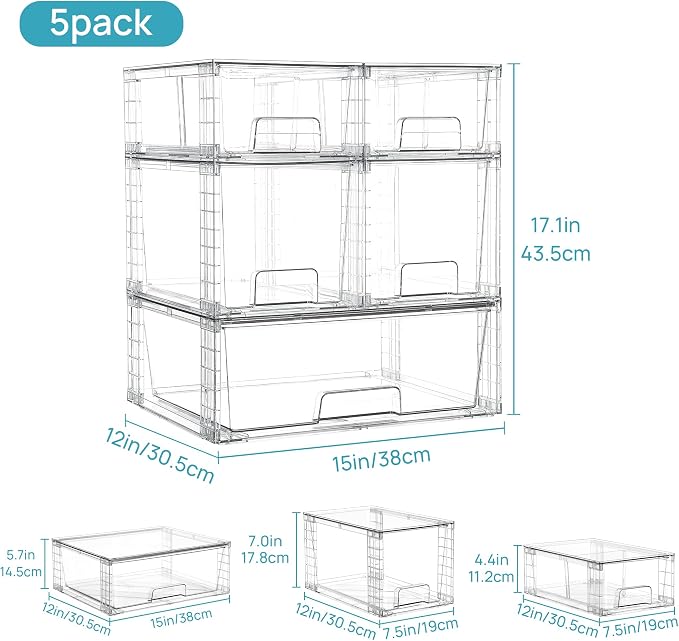 Vtopmart Clear Stackable Storage Drawers, 5 Pack Multi-Size Organizer Set | Wide, Medium and Small Pull-Out PET Drawers with Stackable Design for Cabinets, Closets, Pantry and Bathroom Organization
