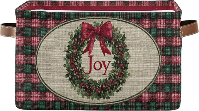 Christmas Joy Wreath Bow Knot Storage Basket with Waterproof Liner and PU Handles Winter Poinsettia Buffalo Plaid Storage Bins Boxes 14.2" Collapsible Decorative Baskets for Bedroom Office 1 Pack