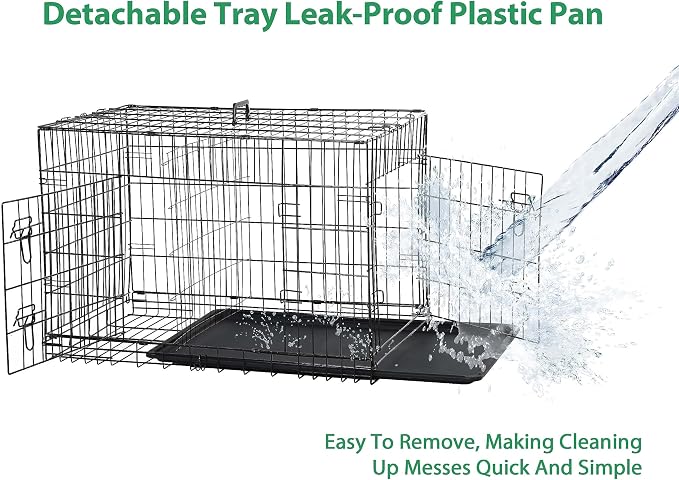 Foldable Dog Cage - 42 Inch Kennel, Double Door w/Leak-Proof Tray, Collapsible Metal Cage for Medium Dogs, Indoor Use