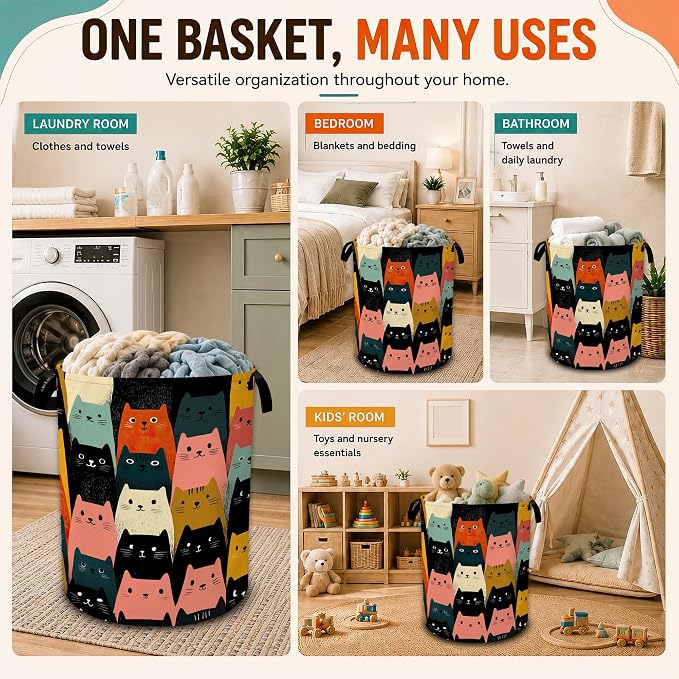 Cute Cat Laundry Basket,Large Collapsible Portable Round Laundry Hamper with Handles,Oxford Storage Bin for Clothes,Blankets,Bedroom,Bathroom